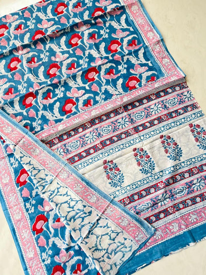 Soft Block Printed  Mulmul Cotton Saree (BLUE)