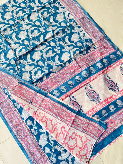 Soft Block Printed  Mulmul Cotton Saree (BLUE)