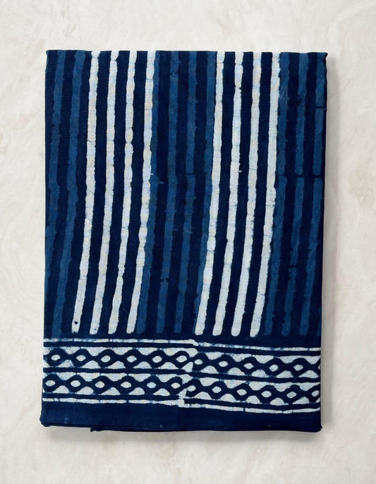 Soft Block Printed  Mulmul Cotton Saree (INDIGO)
