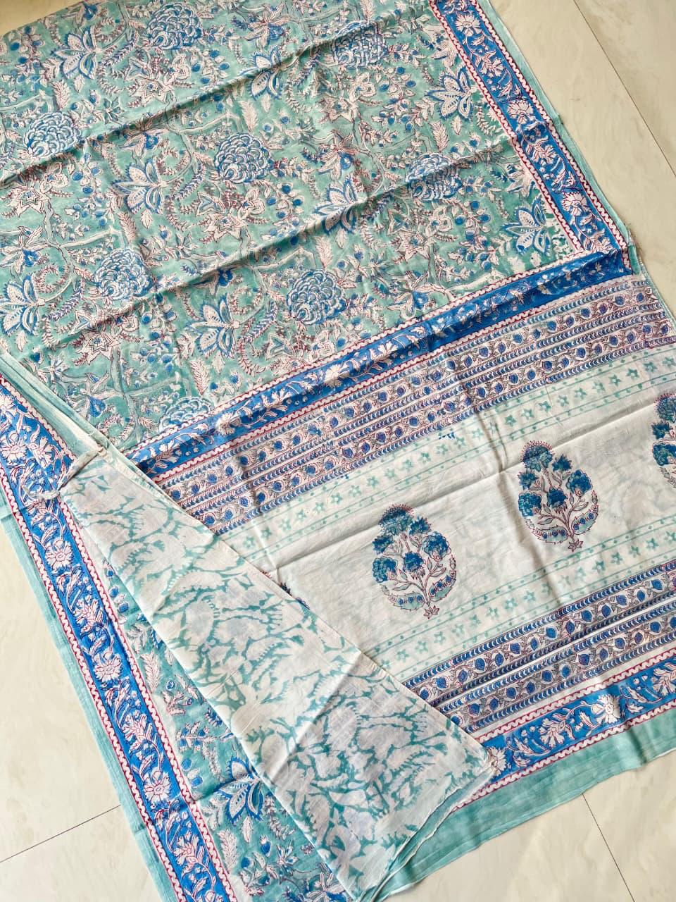 Soft Block Printed  Mulmul Cotton Saree (BLUE)