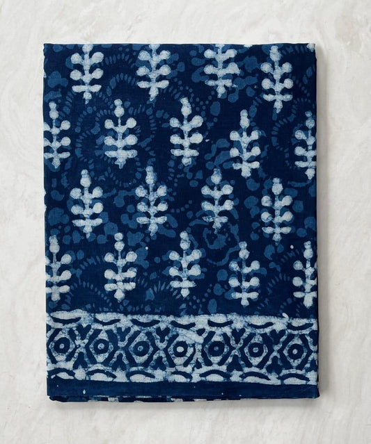 Soft Block Printed  Mulmul Cotton Saree (INDIGO)