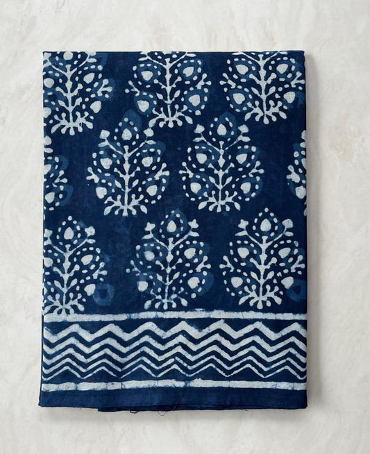 Soft Block Printed  Mulmul Cotton Saree (INDIGO)