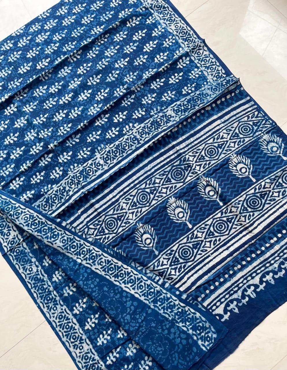 Soft Block Printed  Mulmul Cotton Saree (INDIGO)
