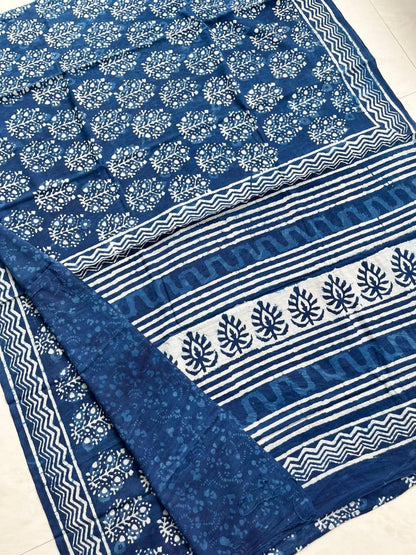 Soft Block Printed  Mulmul Cotton Saree (INDIGO)