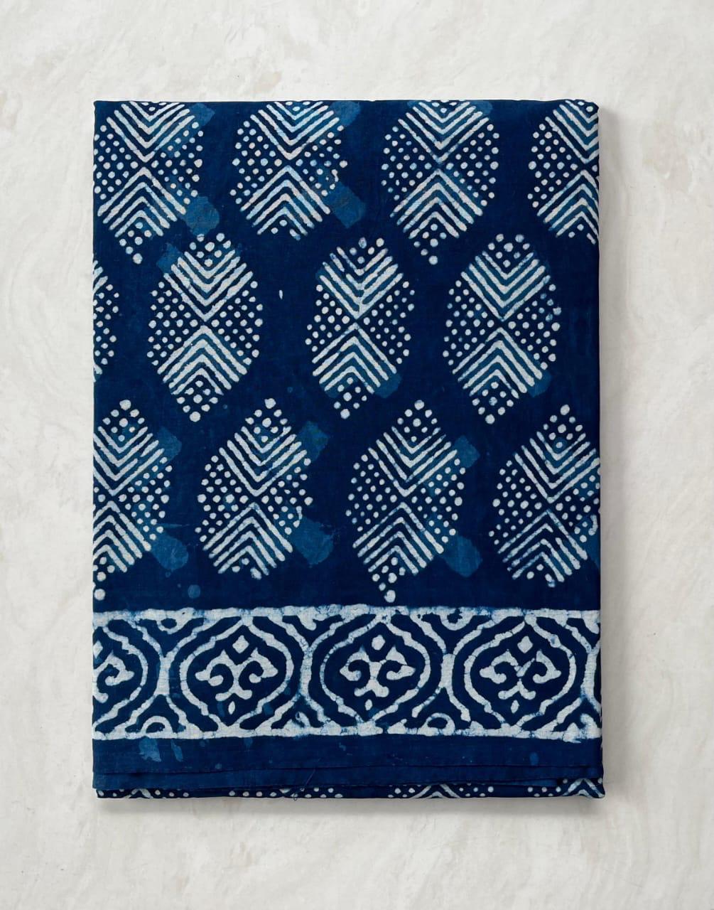 Soft Block Printed  Mulmul Cotton Saree (INDIGO)