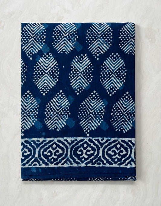 Soft Block Printed  Mulmul Cotton Saree (INDIGO)