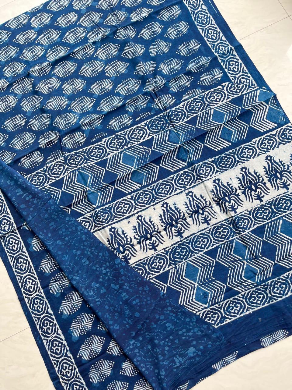 Soft Block Printed  Mulmul Cotton Saree (INDIGO)