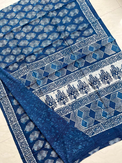Soft Block Printed  Mulmul Cotton Saree (INDIGO)
