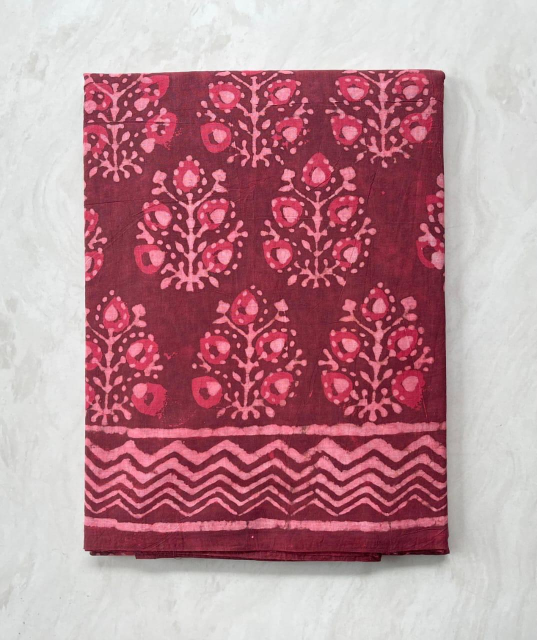 Soft Block Printed  Mulmul Cotton Saree (BEETROOT RED)