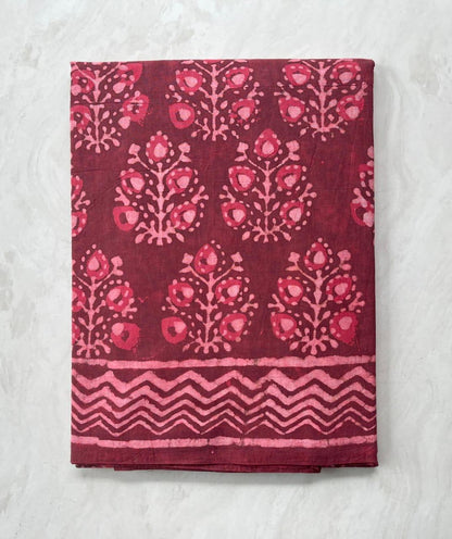 Soft Block Printed  Mulmul Cotton Saree (BEETROOT RED)