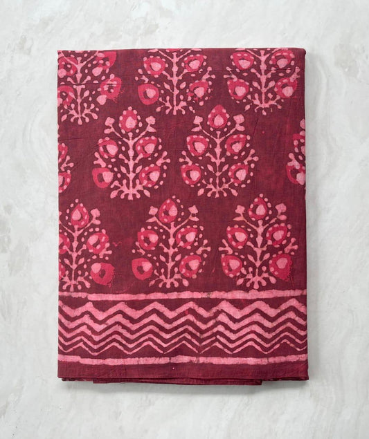 Soft Block Printed  Mulmul Cotton Saree (BEETROOT RED)
