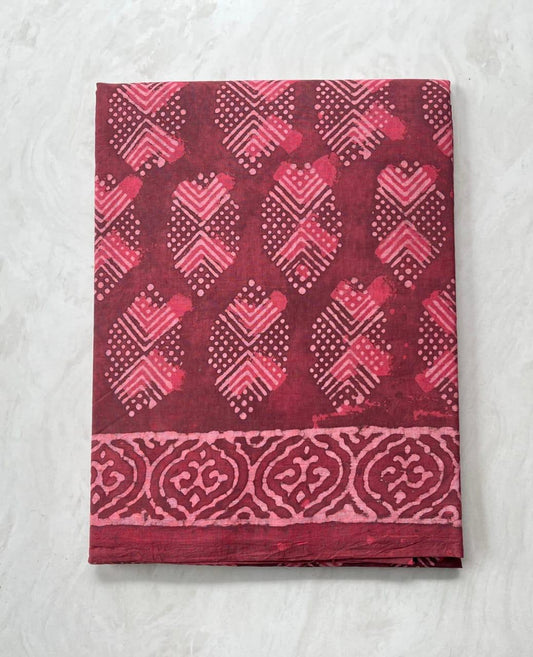 Soft Block Printed  Mulmul Cotton Saree (BEETROOT RED)
