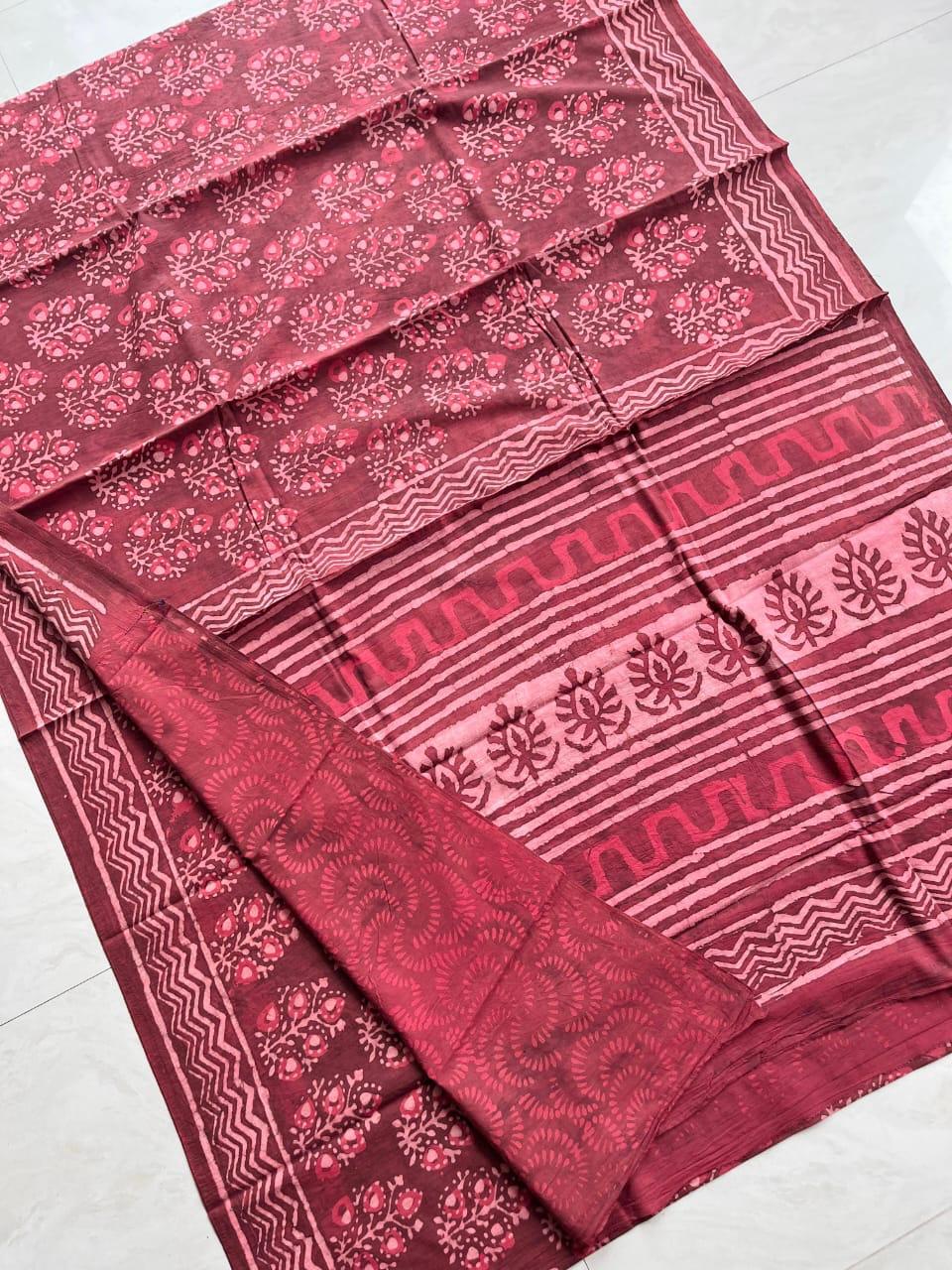 Soft Block Printed  Mulmul Cotton Saree (BEETROOT RED)