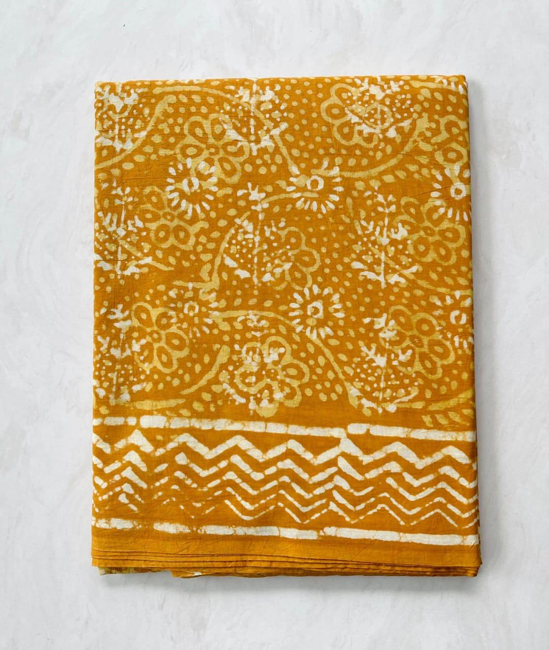 Soft Block Printed  Mulmul Cotton Saree (MUSTARD)