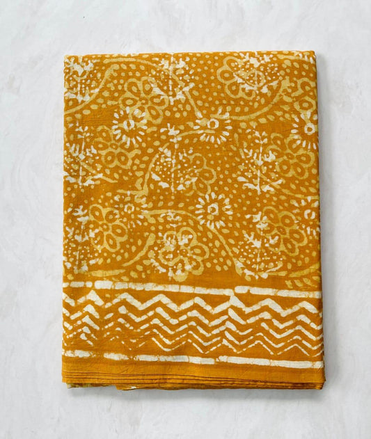 Soft Block Printed  Mulmul Cotton Saree (MUSTARD)