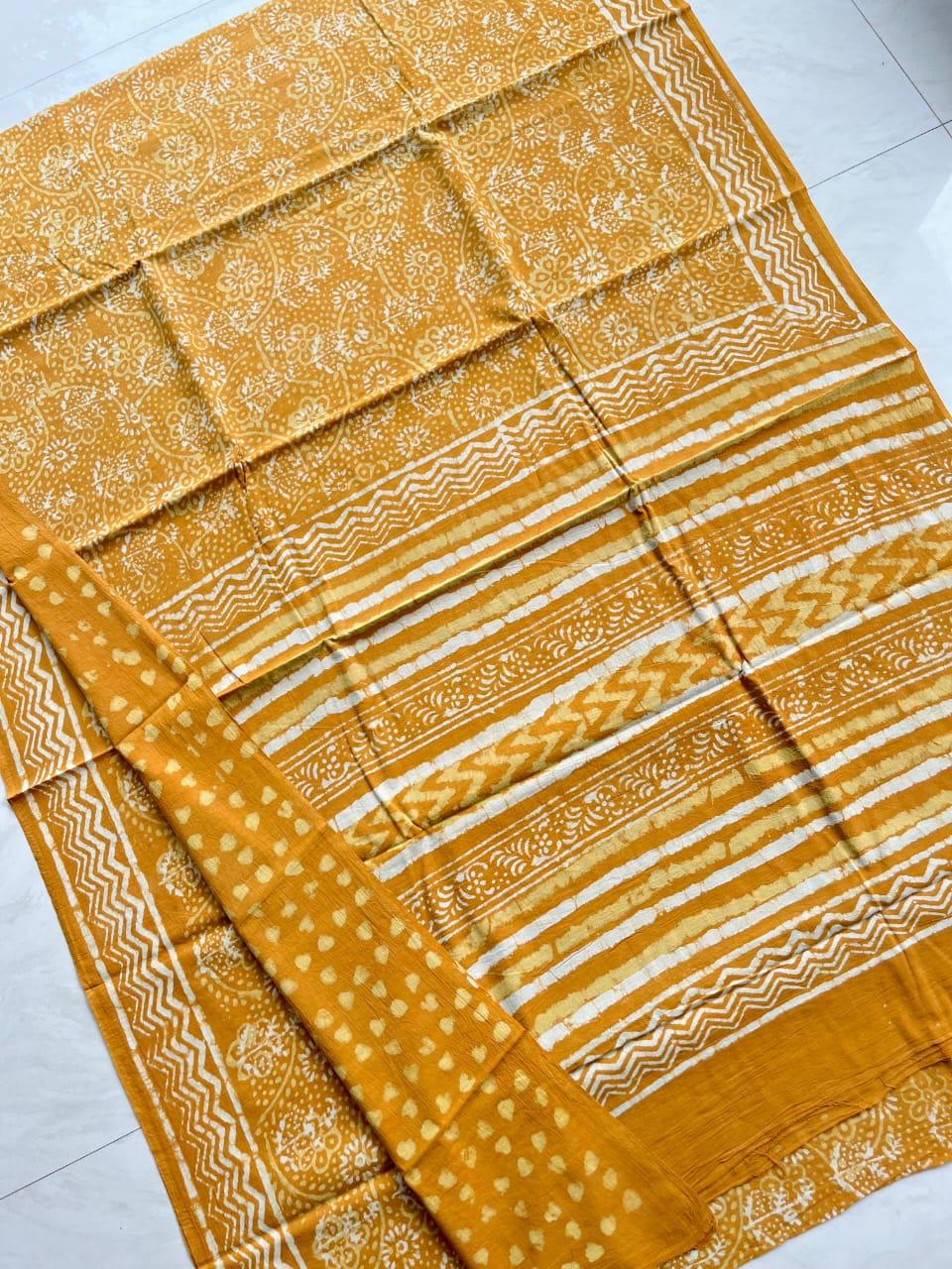 Soft Block Printed  Mulmul Cotton Saree (MUSTARD)