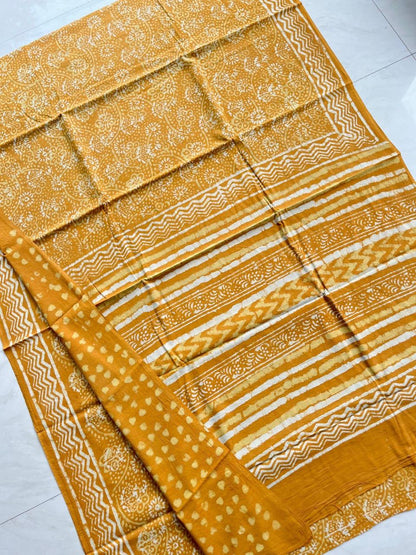Soft Block Printed  Mulmul Cotton Saree (MUSTARD)