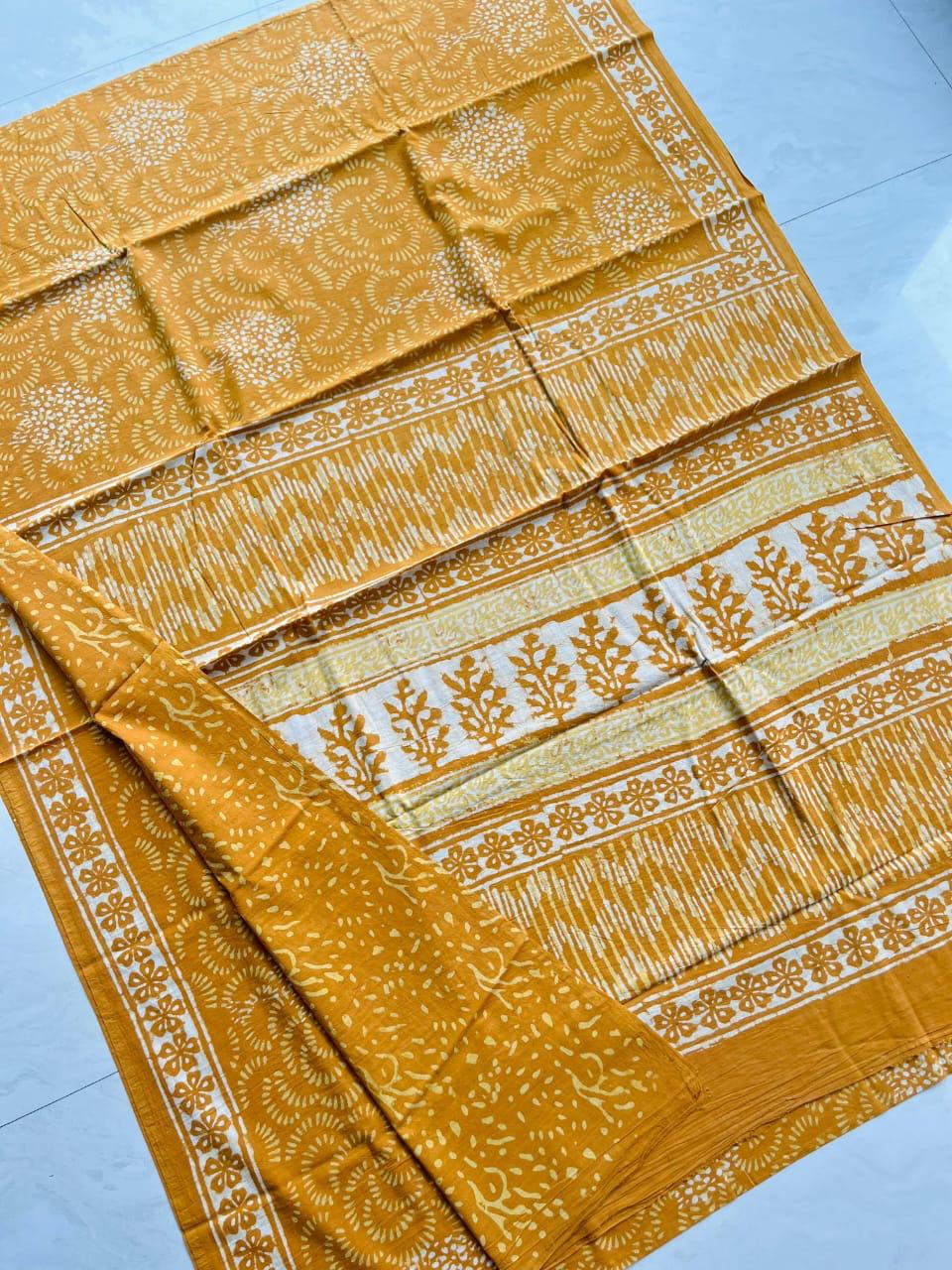 Soft Block Printed  Mulmul Cotton Saree (MUSTARD)
