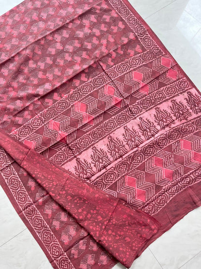 Soft Block Printed  Mulmul Cotton Saree (BEETROOT RED)
