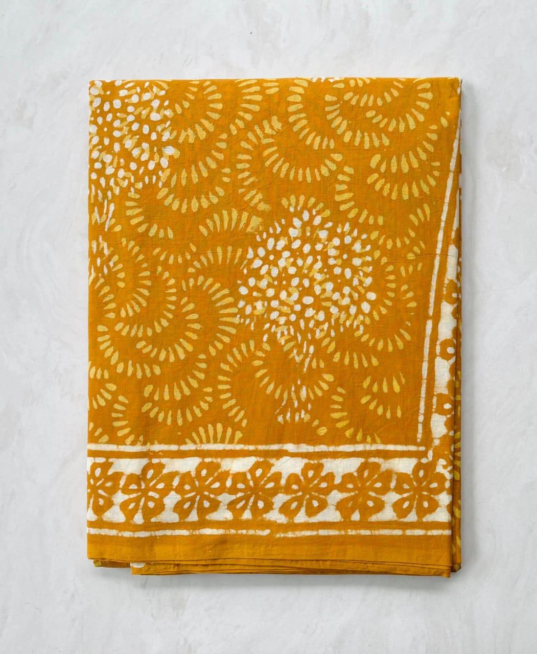 Soft Block Printed  Mulmul Cotton Saree (MUSTARD)