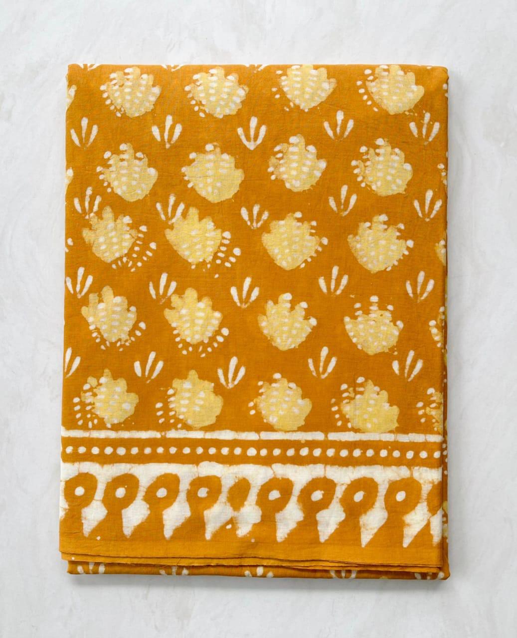 Soft Block Printed  Mulmul Cotton Saree (MUSTARD)