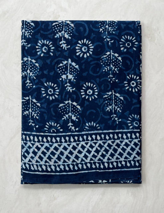 Soft Block Printed  Mulmul Cotton Saree (INDIGO)