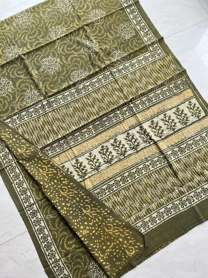 Soft Block Printed  Mulmul Cotton Saree (FOREST GREEN)