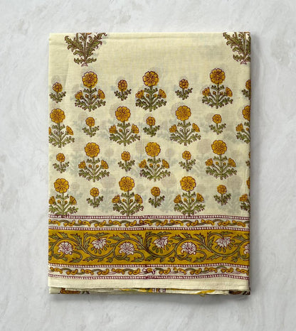 Soft Block Printed  Mulmul Cotton Saree (CREAM)