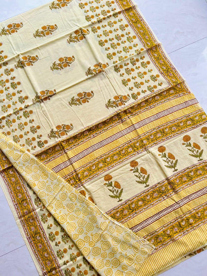 Soft Block Printed  Mulmul Cotton Saree (CREAM)