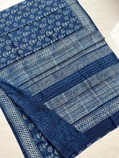 Soft Block Printed  Mulmul Cotton Saree (INDIGO)