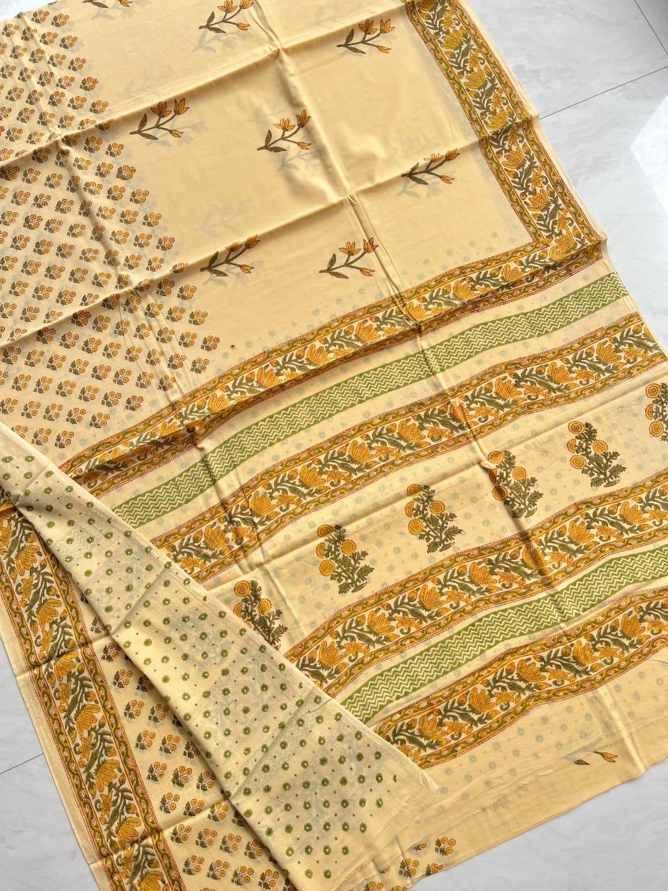 Soft Block Printed  Mulmul Cotton Saree (CREAM)