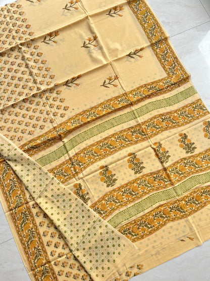 Soft Block Printed  Mulmul Cotton Saree (CREAM)