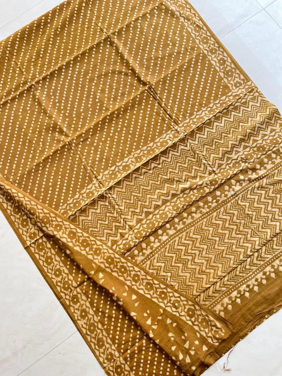 Soft Block Printed  Mulmul Cotton Saree (BROWN)