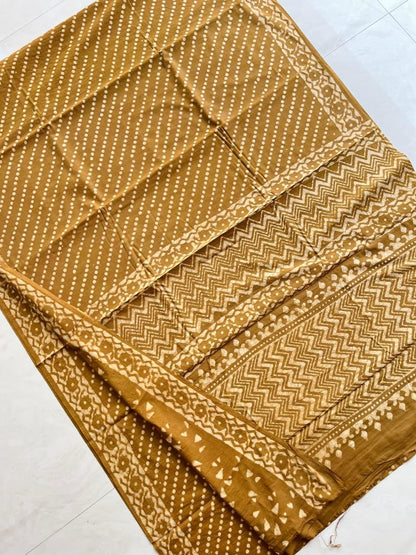 Soft Block Printed  Mulmul Cotton Saree (BROWN)