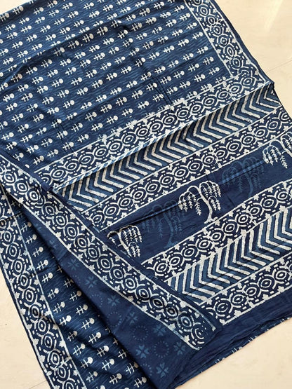 Soft Block Printed  Mulmul Cotton Saree (INDIGO)