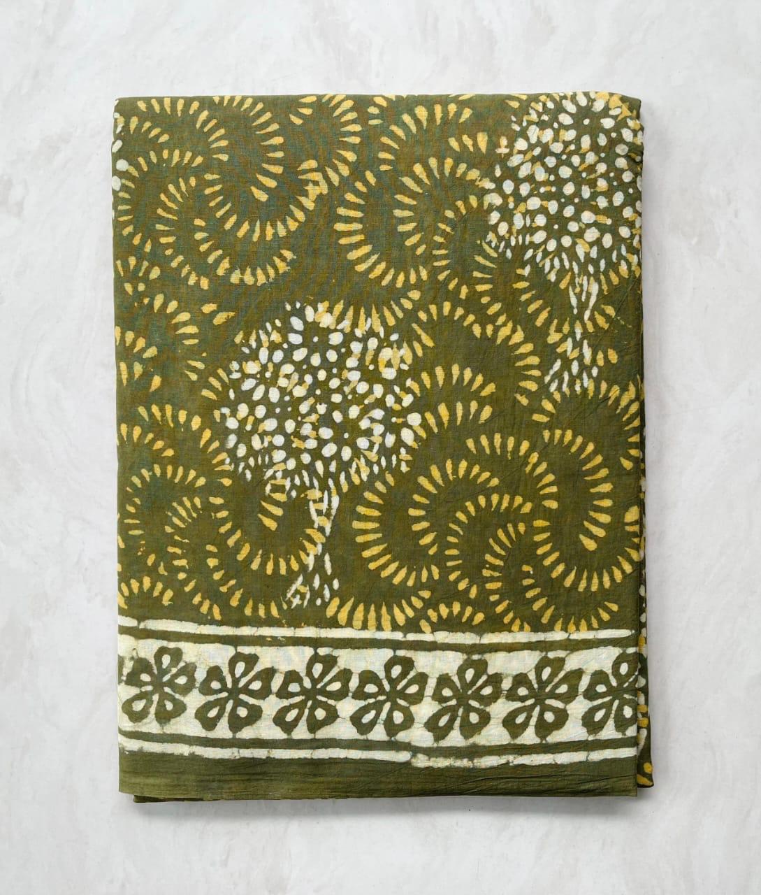 Soft Block Printed  Mulmul Cotton Saree (FOREST GREEN)