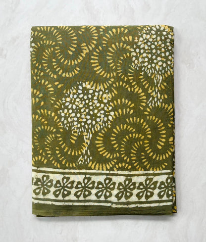 Soft Block Printed  Mulmul Cotton Saree (FOREST GREEN)