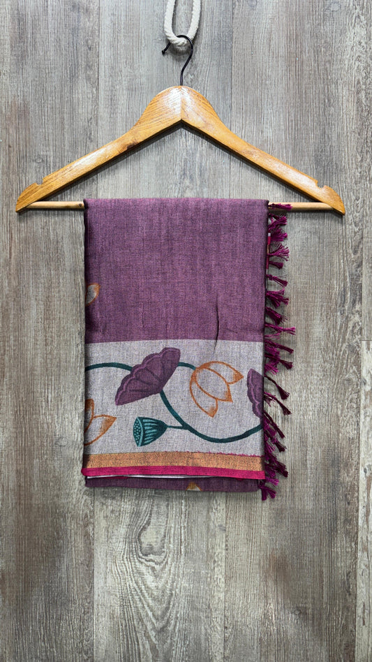 Semi Tussar Printed Saree with Zari Border (LIGHT PURPLE)