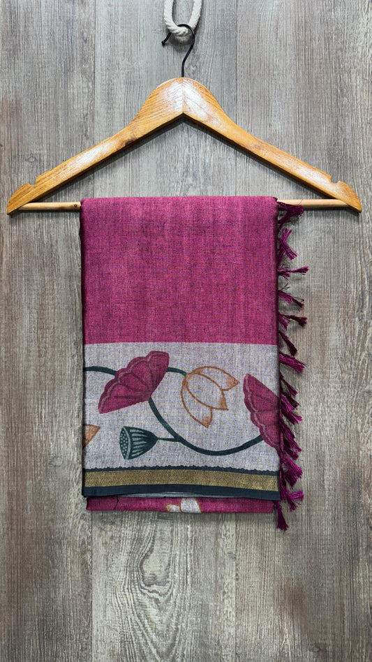 Semi Tussar Printed Saree with Zari Border (DARK PINK)
