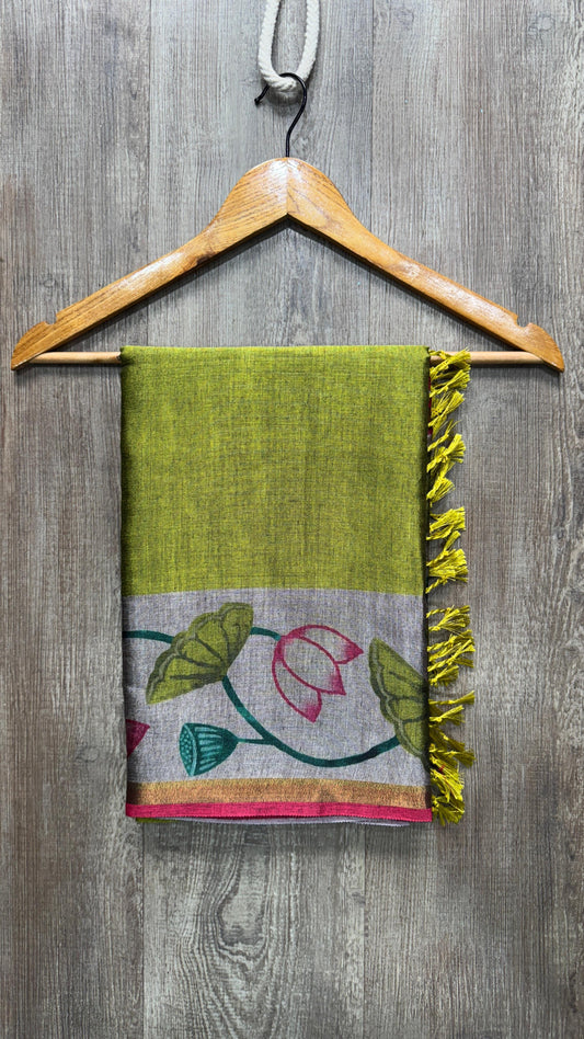 Semi Tussar Printed Saree with Zari Border (MEHENDI GREEN)