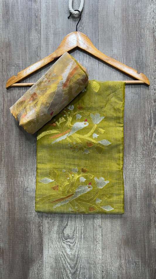 Muslin Tissue Jamdani Salwar Suit (MEHENDI GREEN)