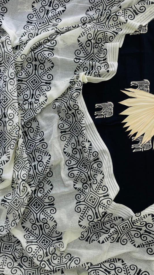 Soft Handblock Printed Cotton Salwar Suit with Mulmul Dupatta (BLACK & WHITE)