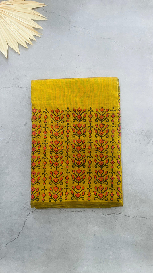 Soft Silk Cotton Hand block Printed Saree (MUSTARD)