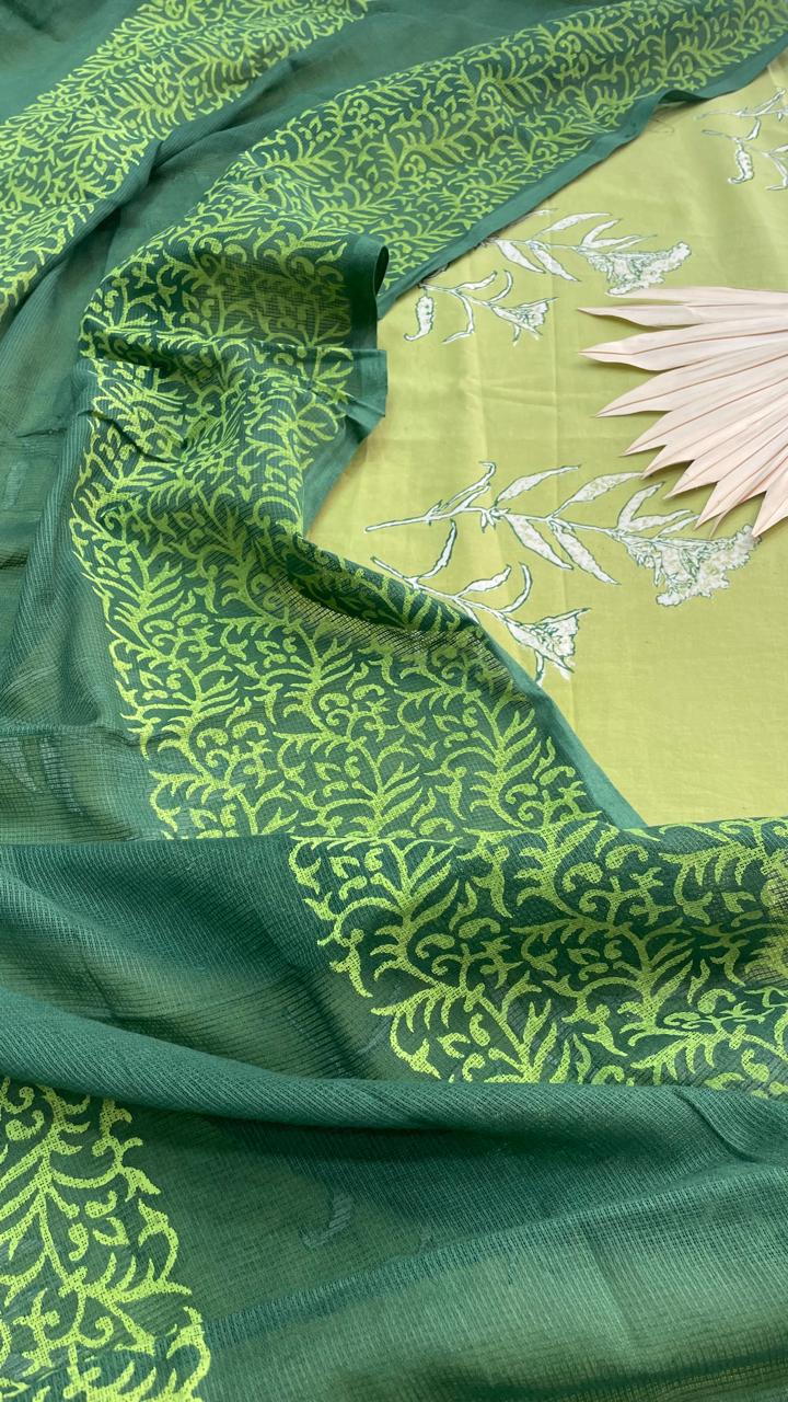 Cotton Salwar Suit with hand crafted Mulmul Dupatta (GREEN)