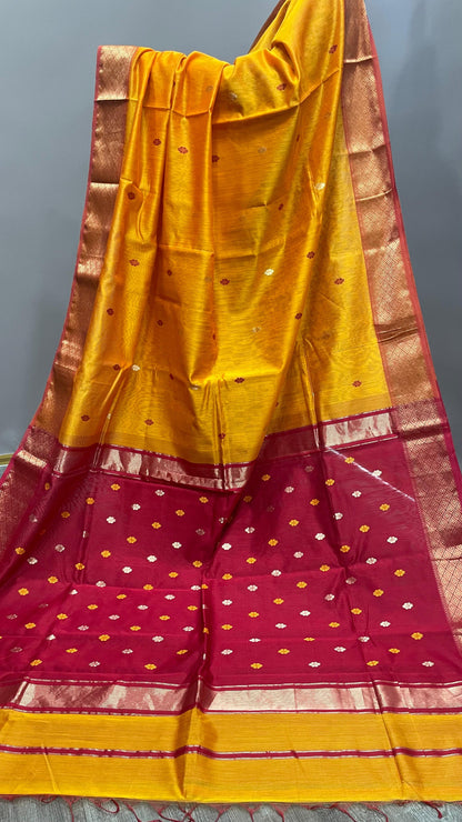 Handwoven Maheshwari Silk Cotton Saree with Buttas (MUSTARD YELLOW)