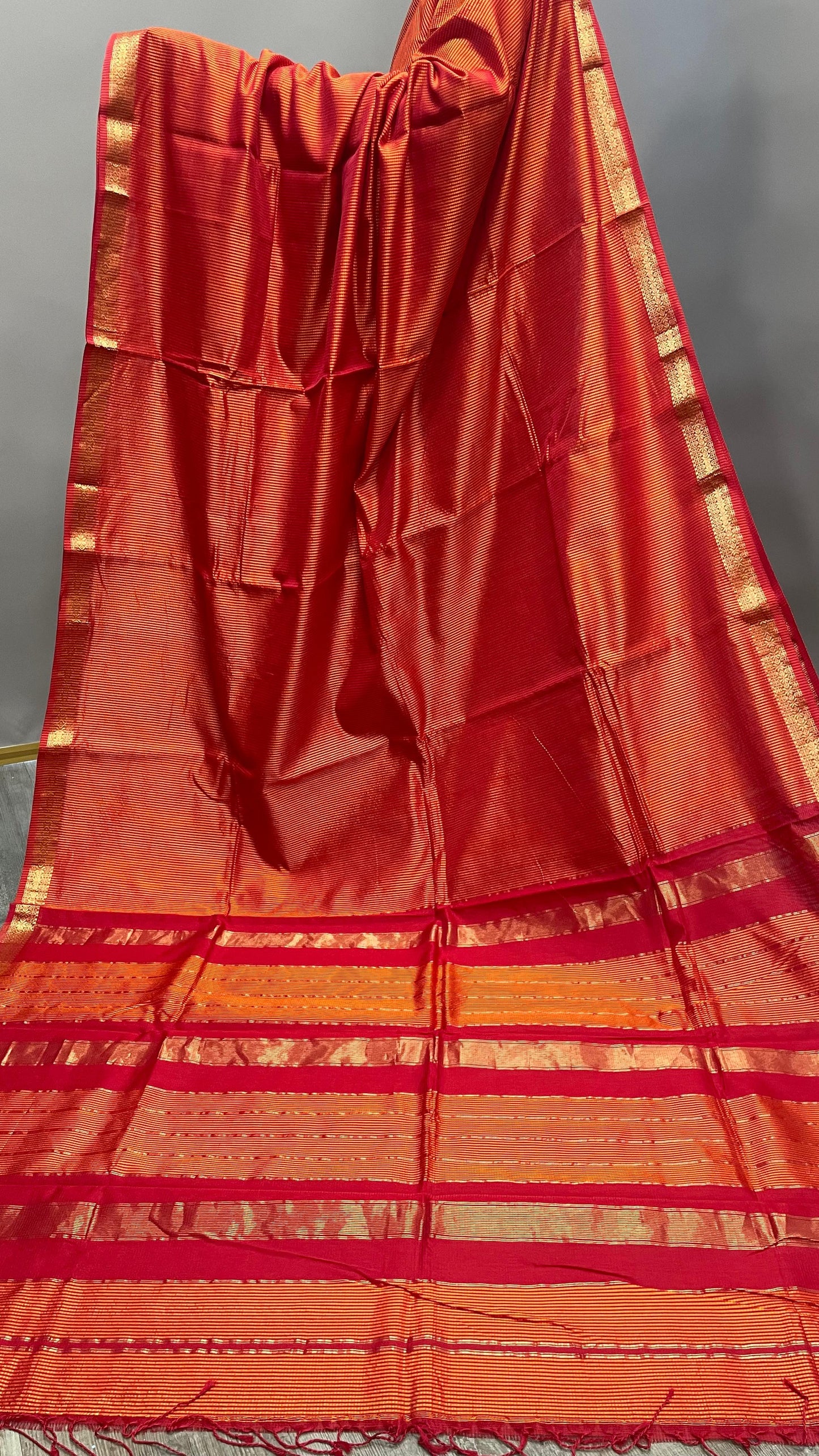 Handwoven Maheshwari Silk Cotton Saree with checks (RED & ORANGE)