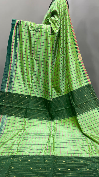Premium Handwoven Soft Silk Checks Patch Saree (LIGHT GREEN)