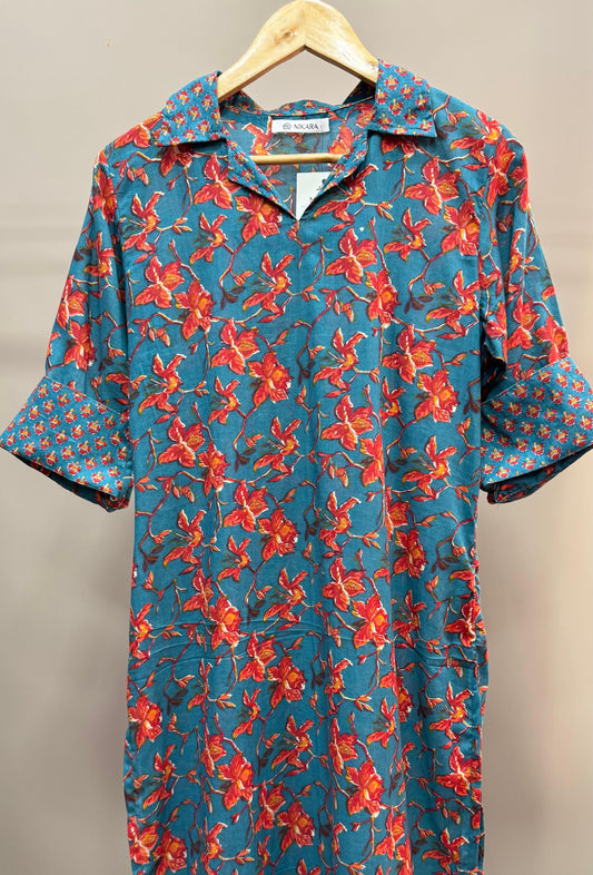 Floral Print Mulmul Kurti (AQUA BLUE)