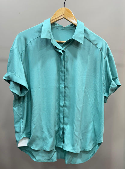 Collared Boxy Fit Solid Shirt for Women (AQUA CYAN)