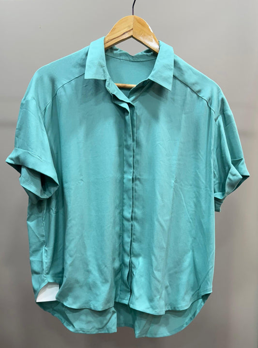 Collared Boxy Fit Solid Shirt for Women (AQUA CYAN)